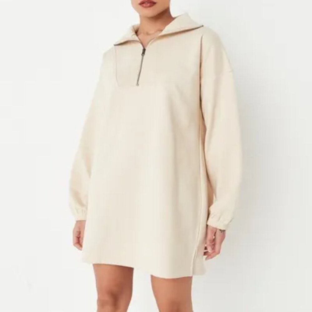 NWT Missguided Half Zip Long Sleeves Sweater Stone Mini Dress Size 8